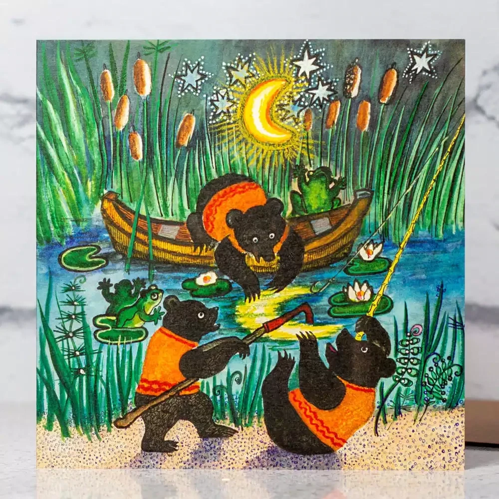 Bear Cubs Fishing for the Moon Card by Kapelki Art