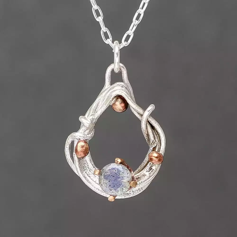 Bejewelled Squiggle Labradorite, Silver and Bronze Pendant by Xuella Arnold