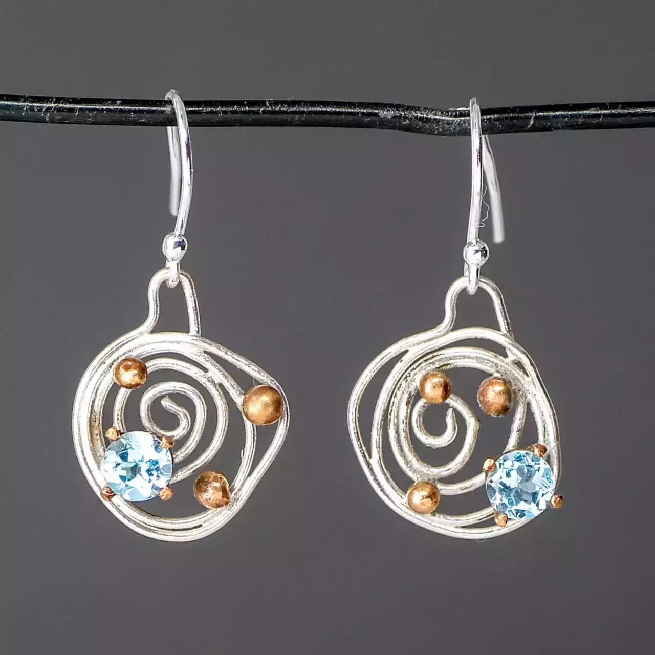Bejewelled Squiggle Topaz, Silver and Bronze Drop Earrings by Xuella Arnold