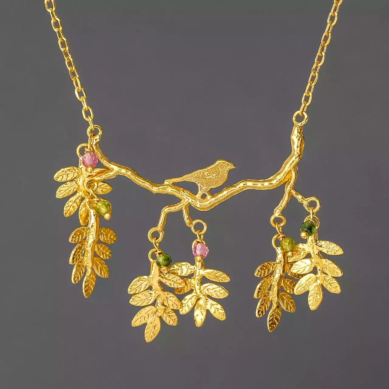 Bird on Branch Gold Plated Silver and Tourmaline Moving Leaves Necklace by Amanda Coleman