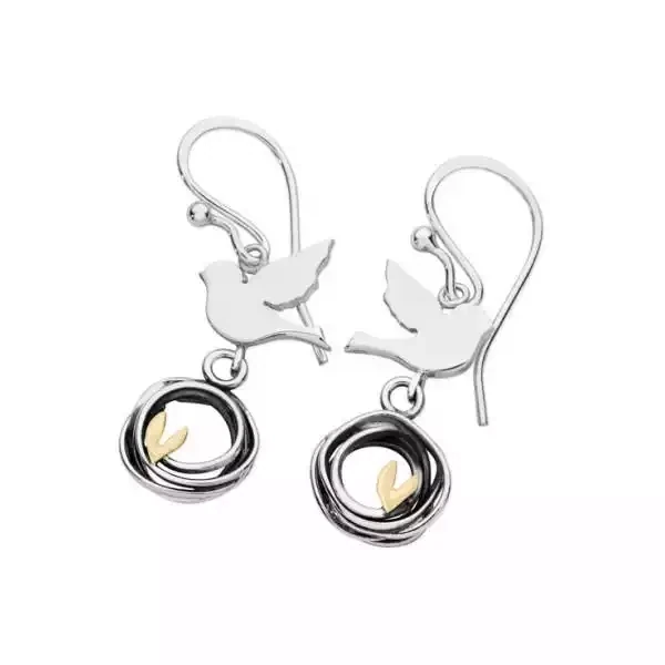 Bird and Heart Nest Silver and Gold Drop Earrings by Linda Macdonald