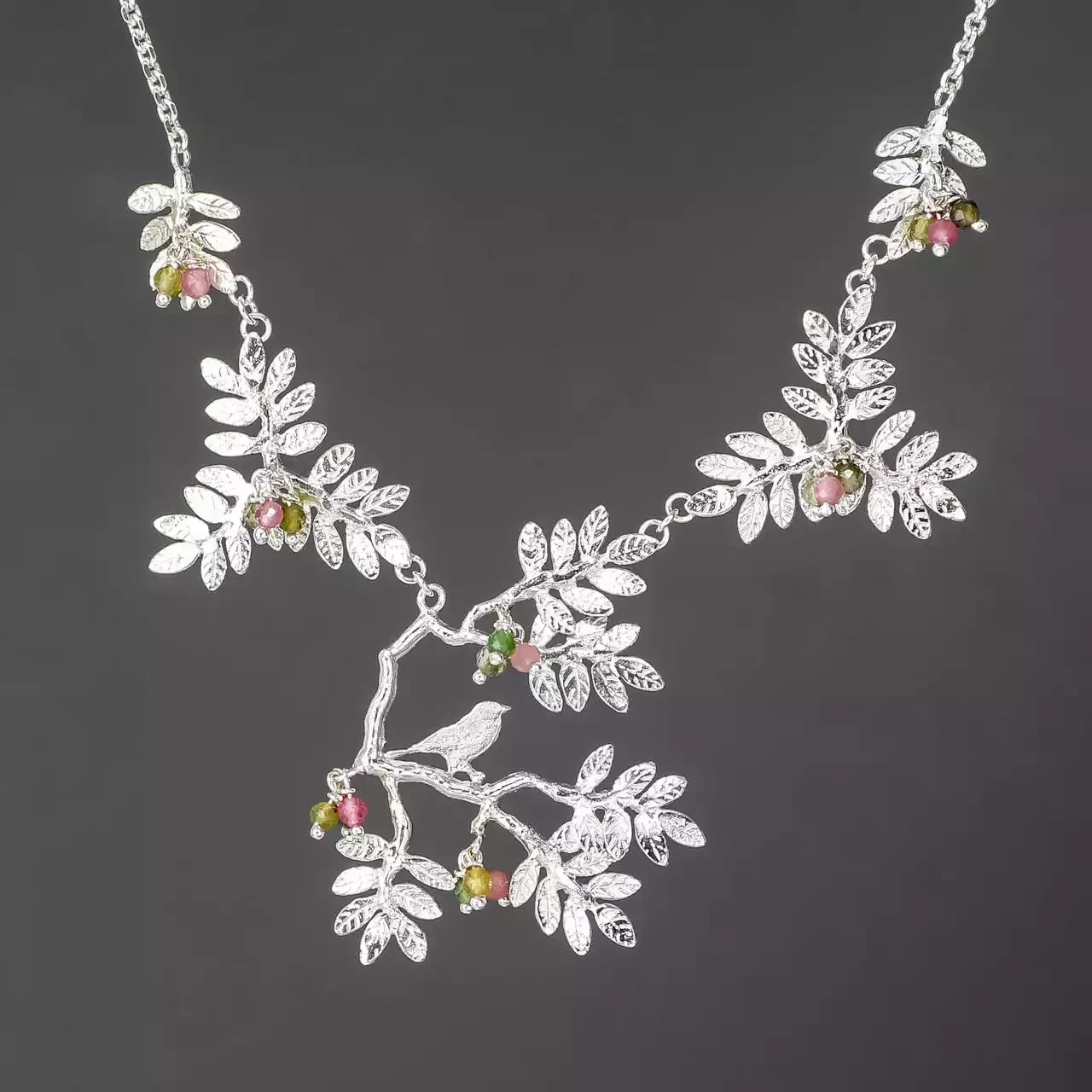 Bird on Branch Silver and Tourmaline Necklace - Large by Amanda Coleman