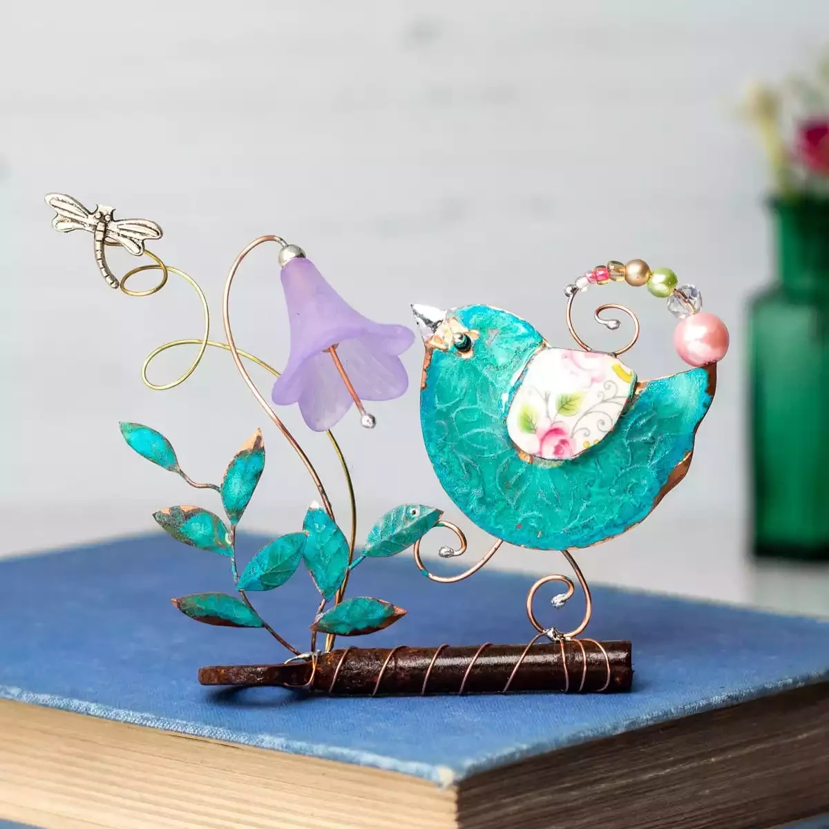 Bird with Harebell on Vintage Key Mini Assemblage by Linda Lovatt