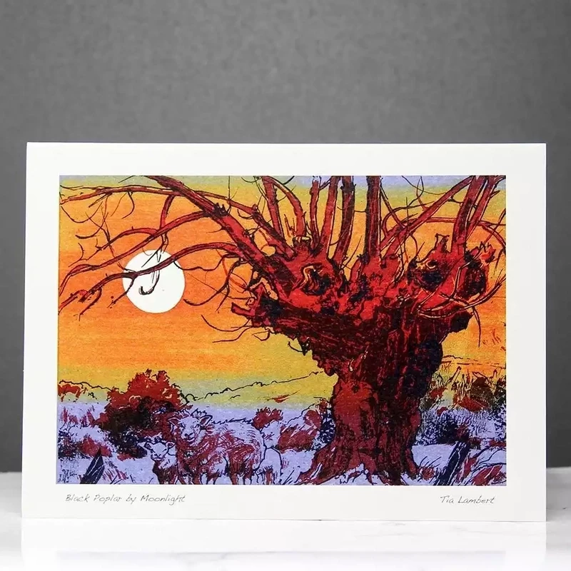 Black Poplar by Moonlight - Malverns Landscape Card by Tia Lambert