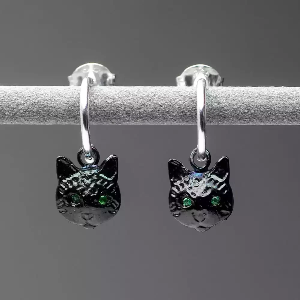 Cat Head Mini Hook Silver Earrings - Ruthenium Plated by Amanda Coleman