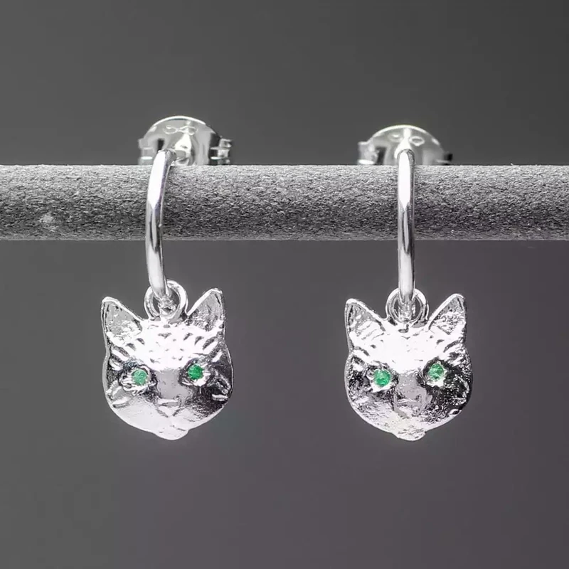Cat Head Mini Hook Silver Earrings by Amanda Coleman
