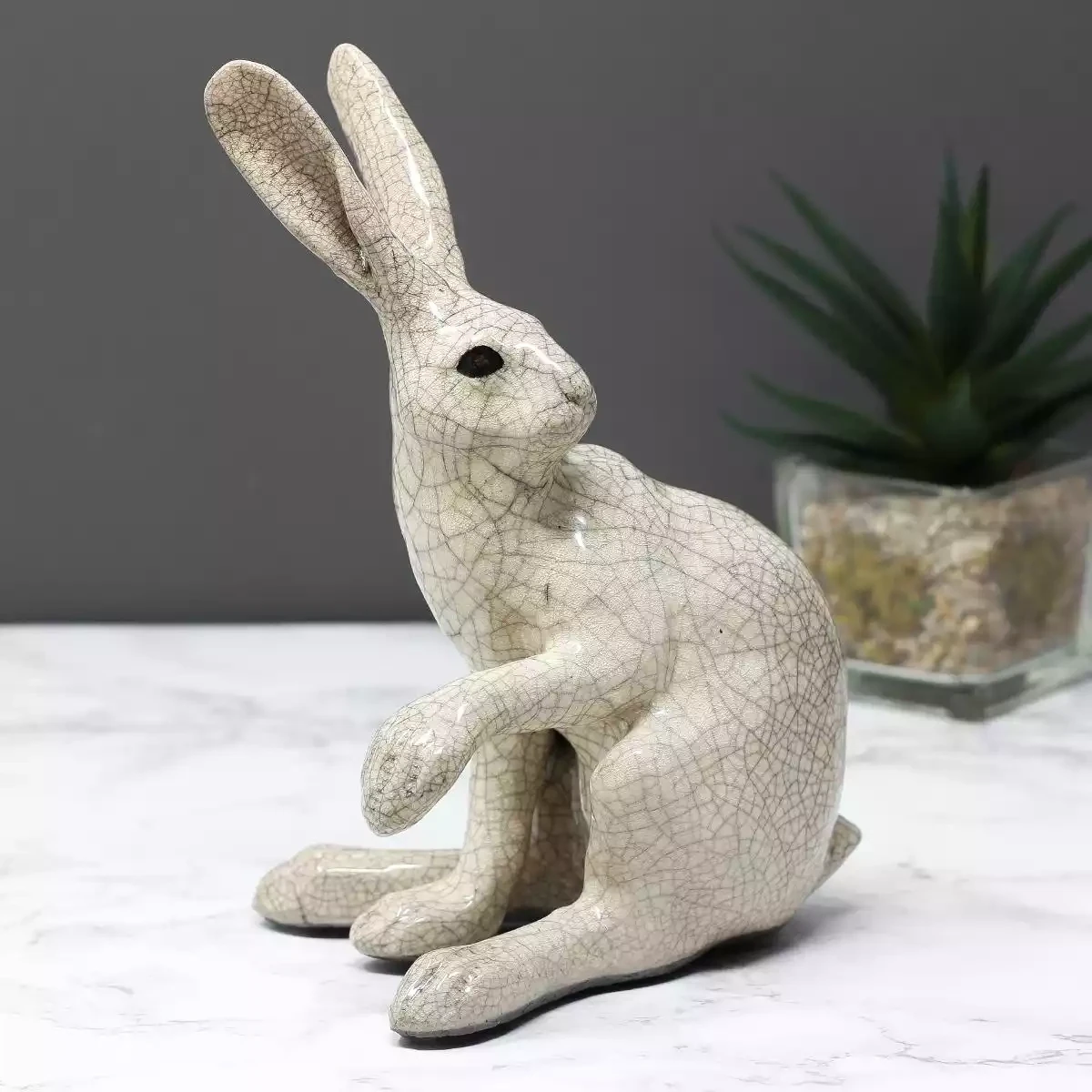 Ceramic Hare Raku-fired Sculpture - Paw Up - Medium by Paul Jenkins