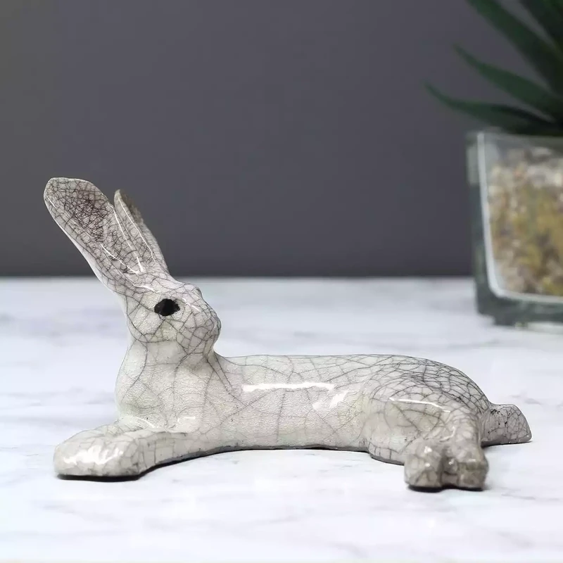 Ceramic Hare Raku-fired Sculpture - Lying - Small by Paul Jenkins