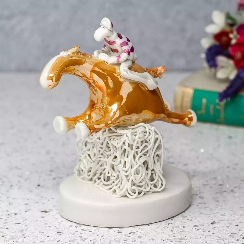 Ceramic Jockey On Race Horse Miniature Sculpture by Andrew Bull