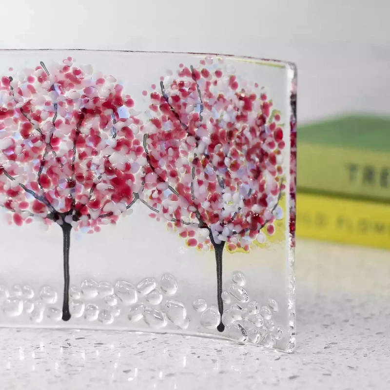 Cherry Blossom Fused Glass Wave Panel - Four Trees by Jules Jules