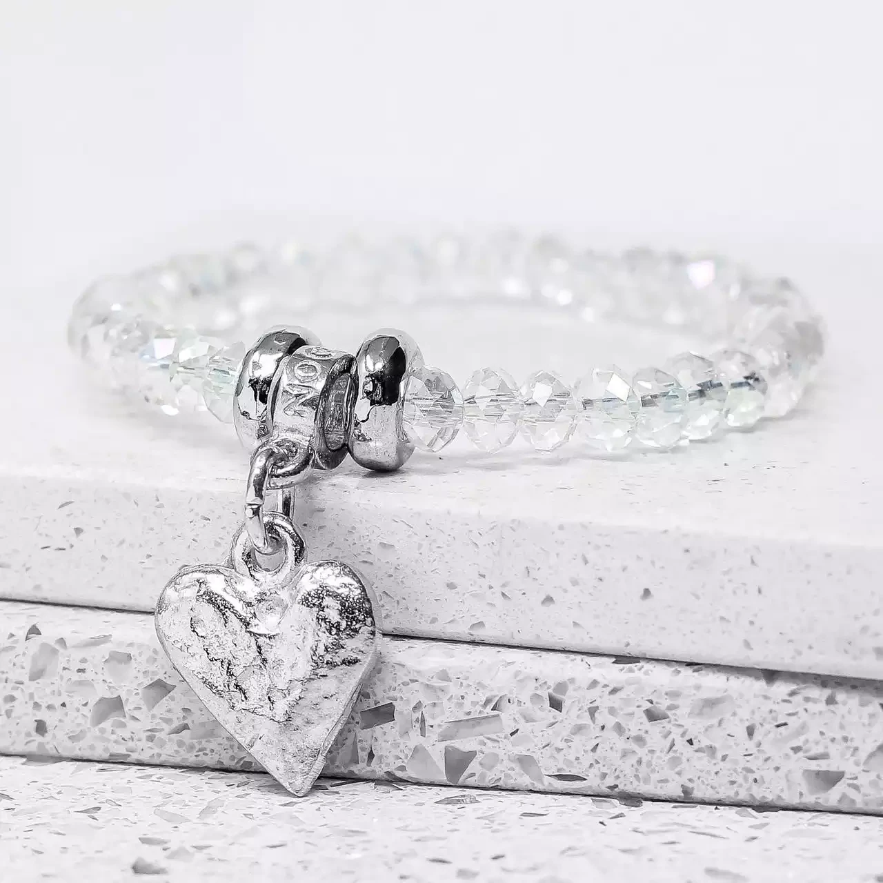 Chunky Glass Bead and Pewter Heart Bracelet - Crystal by Metal Planet