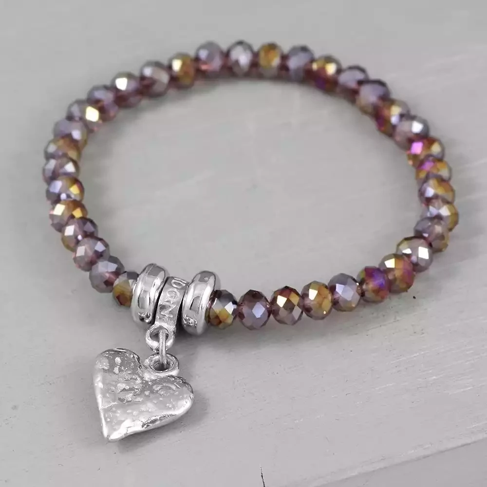 Chunky Glass Bead and Pewter Heart Bracelet - Amethyst by Metal Planet