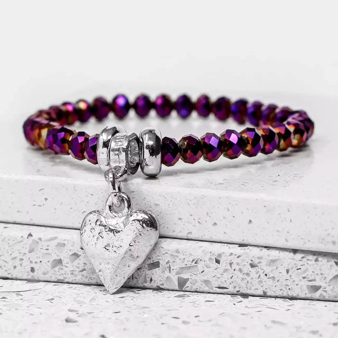 Chunky Glass Bead and Pewter Heart Bracelet - Purple by Metal Planet