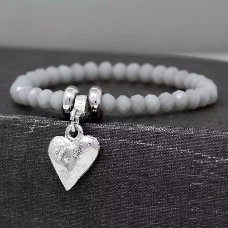 Chunky Glass Bead and Pewter Heart Bracelet - Matt Graphite by Metal Planet