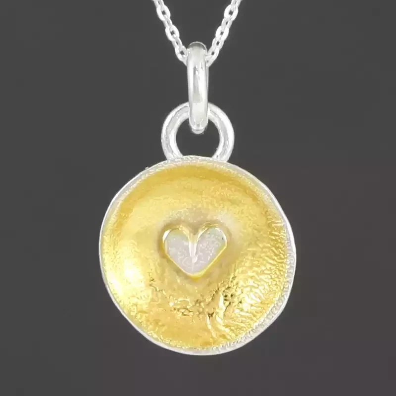 Concave Gold Plate Pendant With Silver Heart - Medium by Fi Mehra