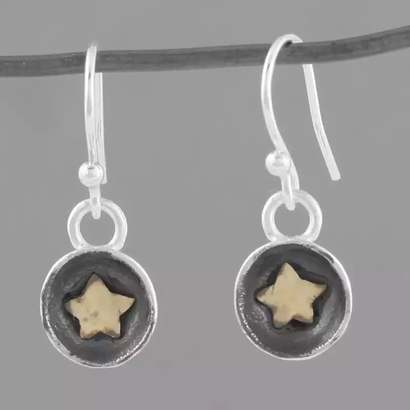 Concave Oxidised Silver Drop Earrings With Gold Stars - Small by Fi Mehra