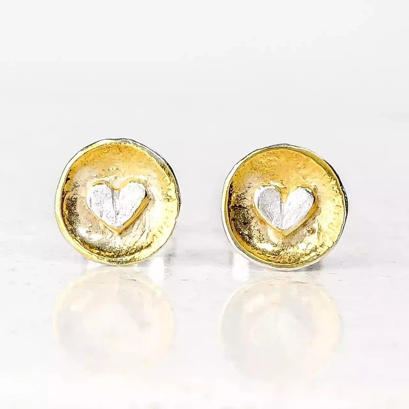 Concave Gold Plate Stud Earrings With Silver Hearts - Small by Fi Mehra