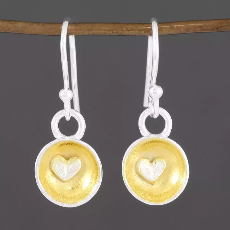 Concave Gold Plate Drop Earrings With Silver Hearts - Small by Fi Mehra
