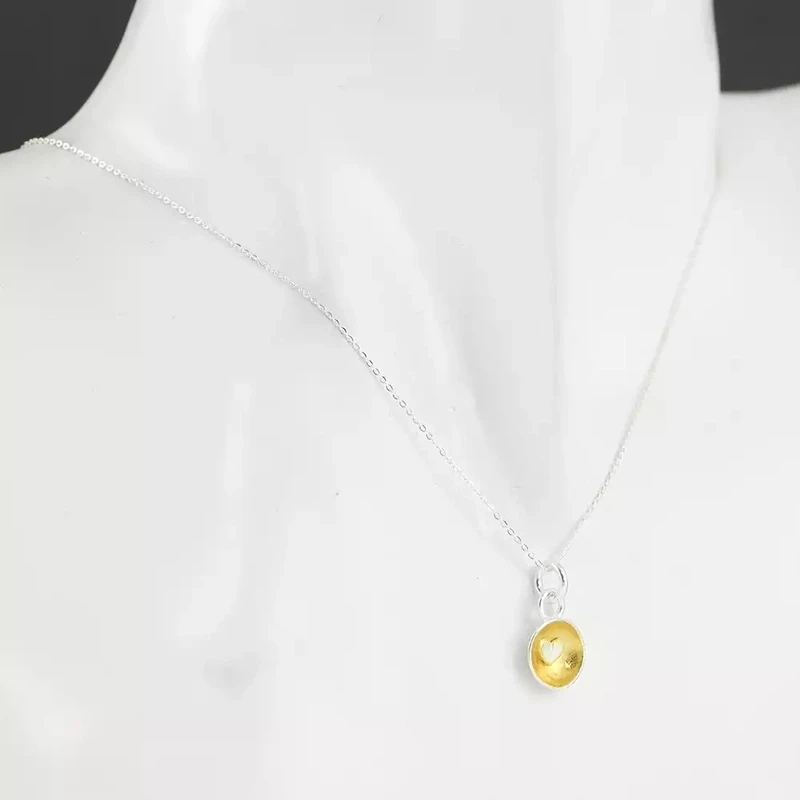 Concave Gold Plate Pendant With Silver Heart - Small by Fi Mehra