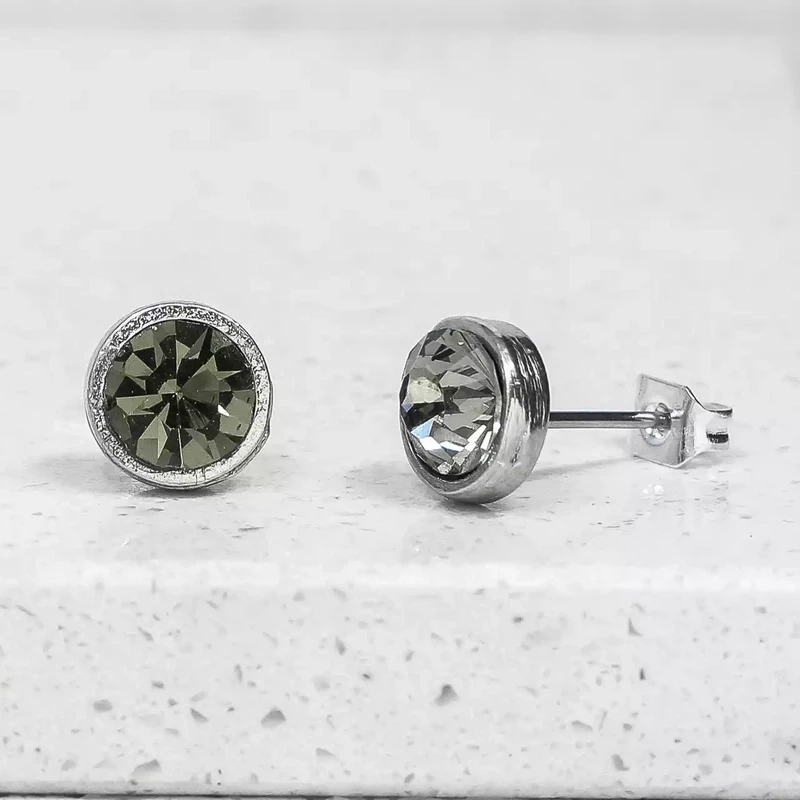 Crystal and Pewter Stud Earrings - Smoky Grey by Metal Planet