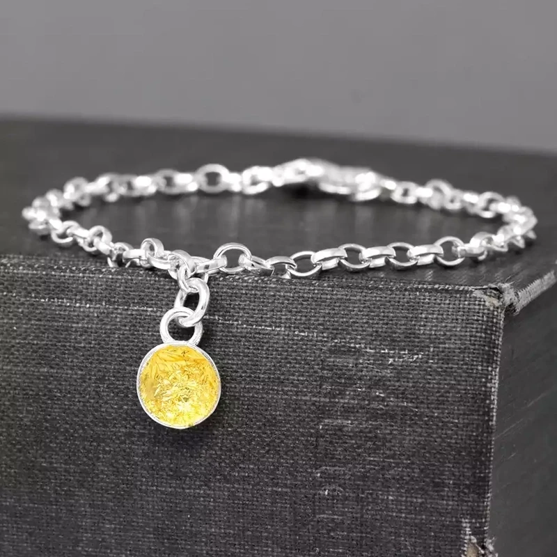 Concave Silver Disc Gold Leaf Charm on Bracelet by Fi Mehra