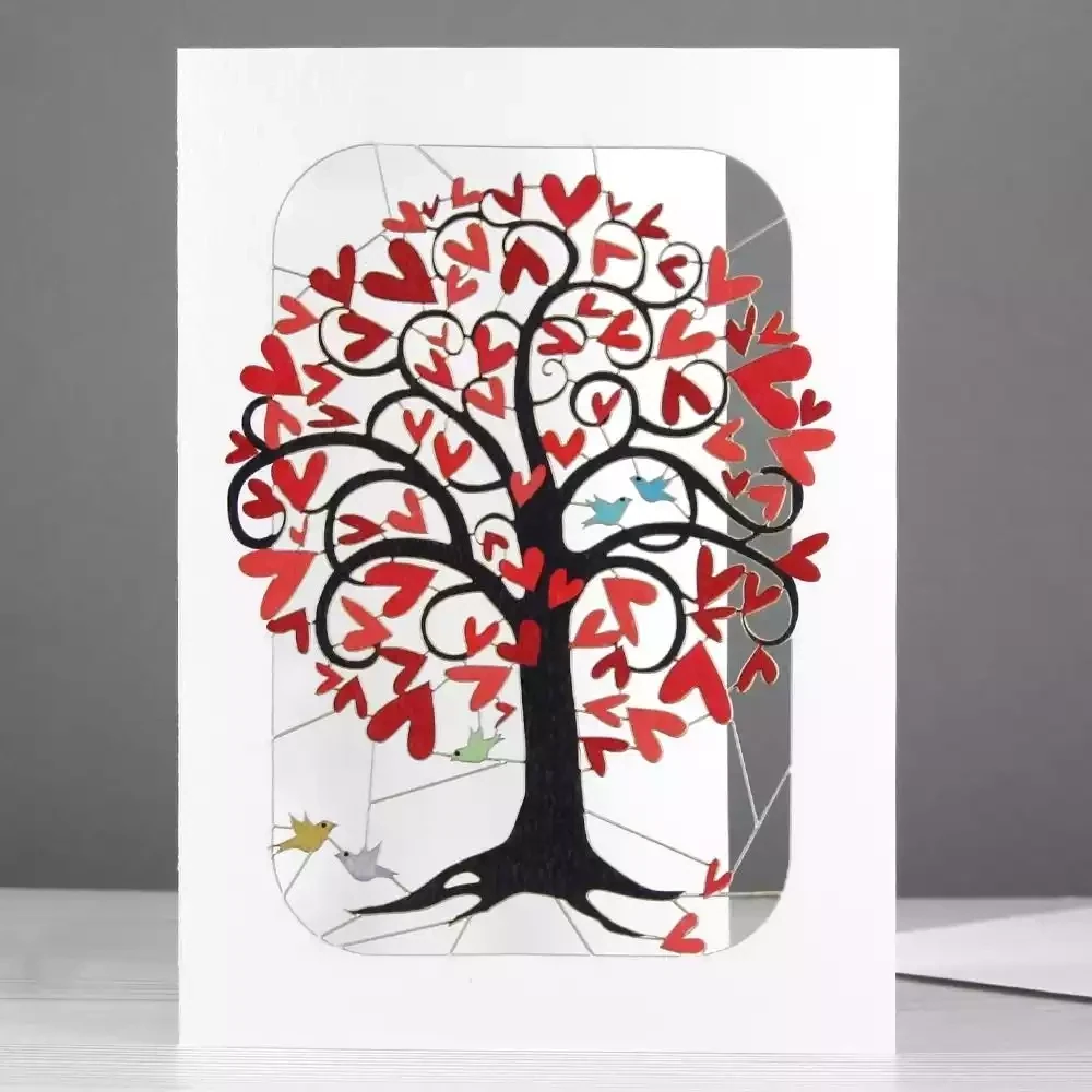 Curling Red Heart Tree Laser-cut Card by Ge Feng