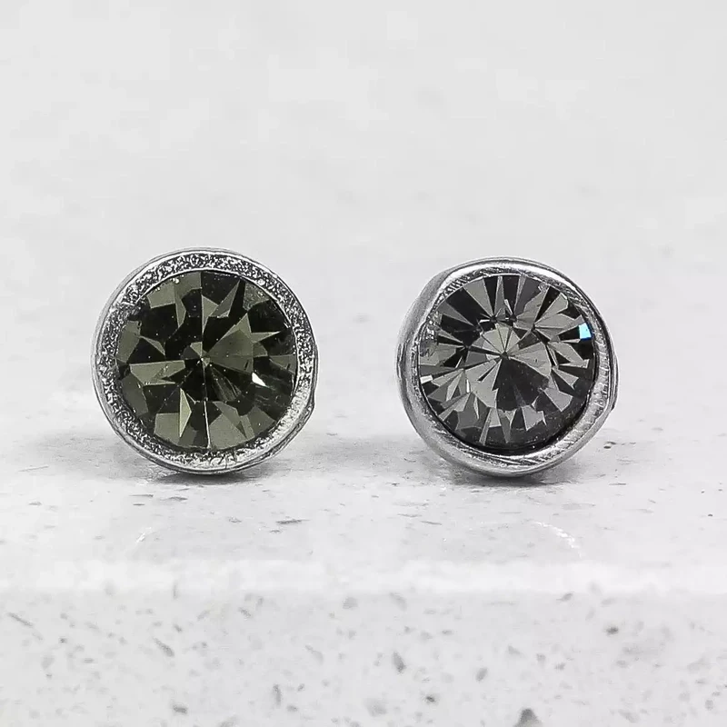 Crystal and Pewter Stud Earrings - Smoky Grey by Metal Planet