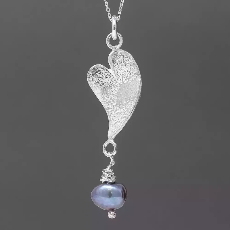 Curly Heart Silver and Peacock Pearl Pendant by Fi Mehra