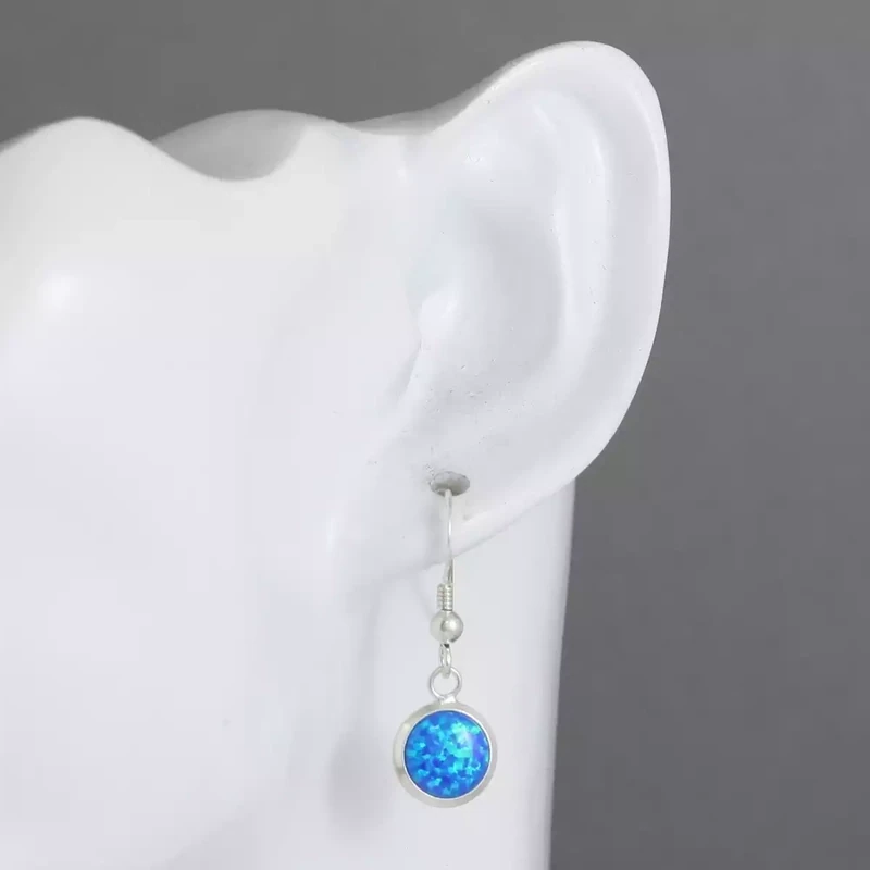 Dark Blue Opalite and Silver Round Drop Earrings - 8mm by Lavan