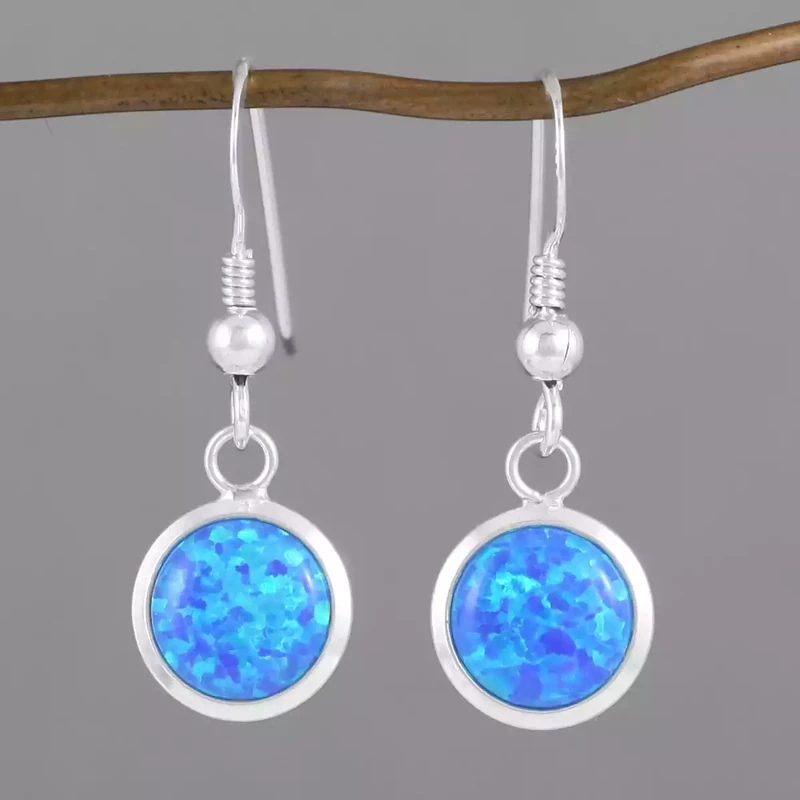 Dark Blue Opalite and Silver Round Drop Earrings - 8mm by Lavan