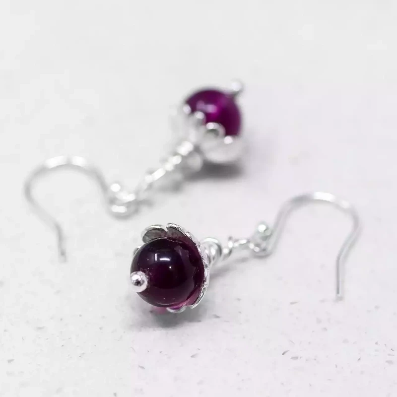 Dangly Silver Flower Drop Earrings With Purple Fluorite by Fi Mehra
