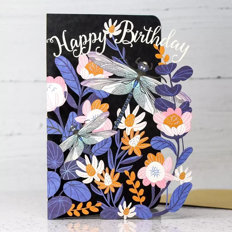 Dragonflies and Flowers Laser-cut Birthday Card by Alljoy