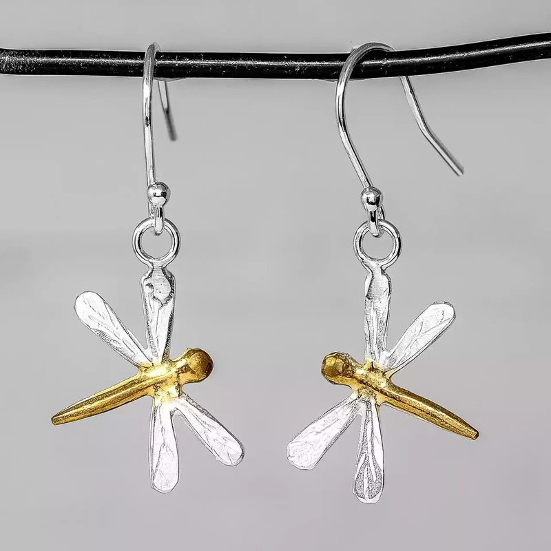 Dragonfly Silver and Gold Plated Drop Earrings by Fi Mehra