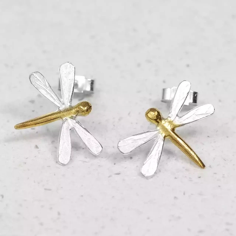 Dragonfly Silver and Gold Plated Stud Earrings by Fi Mehra