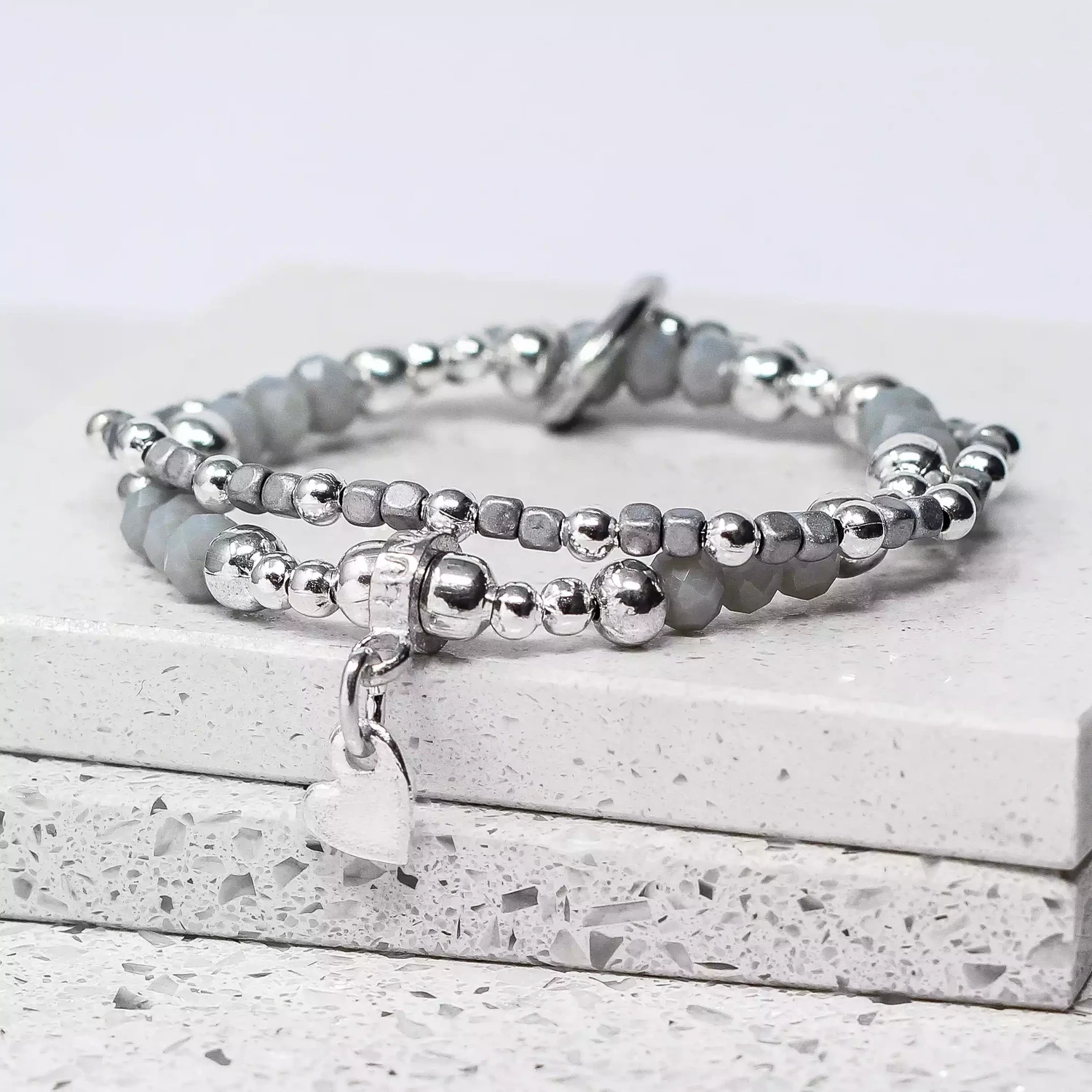 Double Strand Pewter and Glass Bead Bracelet - Dove Grey by Metal Planet