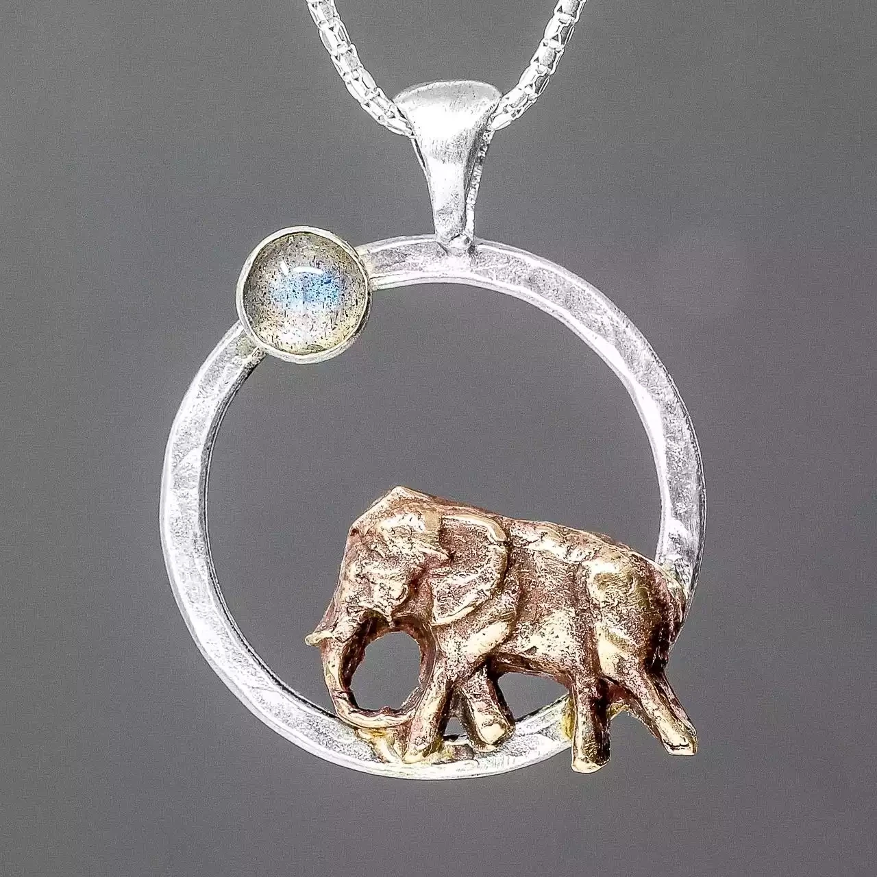 Elephant and Moon Silver and Bronze Circle Pendant by Xuella Arnold