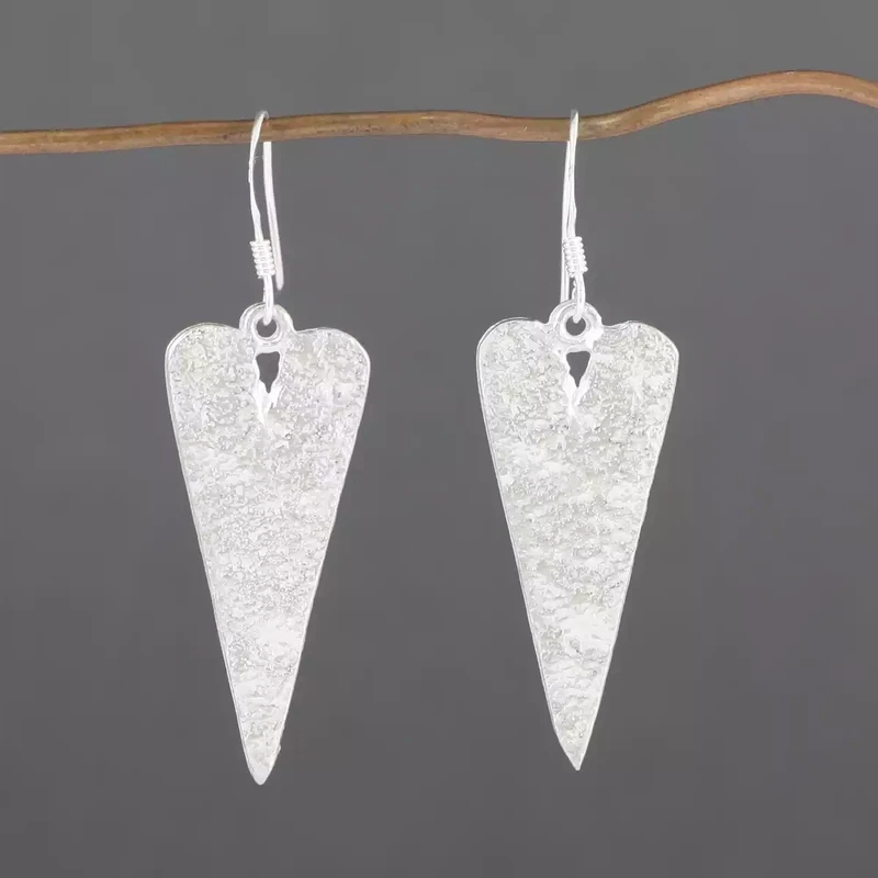 Extra Long Hammered Heart Pewter Drop Earrings by Metal Planet