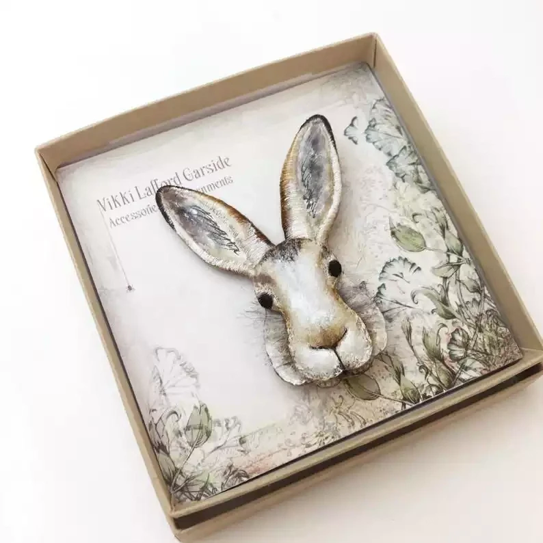 Embroidered Fabric Brooch - Mountain Hare Head by Vikki Lafford Garside