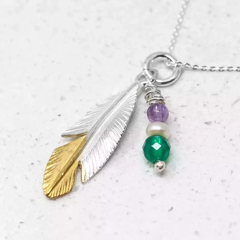 Feather Silver and Gold Plated Pendant - Large With Amethyst and Green Agate by Fi Mehra