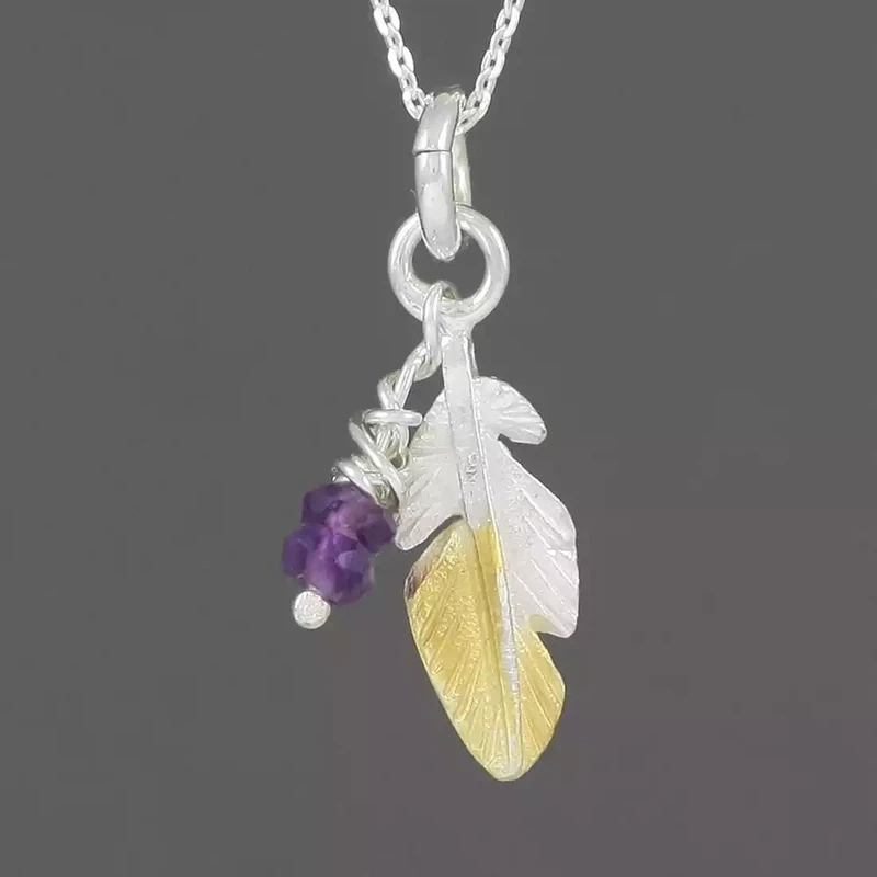Feather Silver and Gold Plated Pendant - Small With Amethyst by Fi Mehra