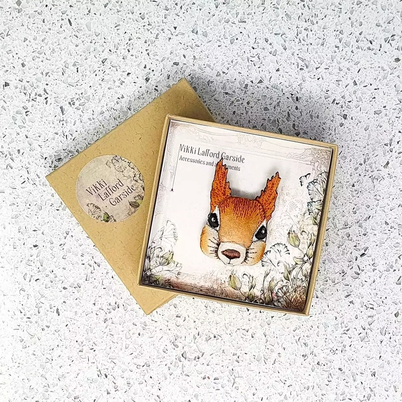 Embroidered Fabric Brooch - Red Squirrel Head by Vikki Lafford Garside