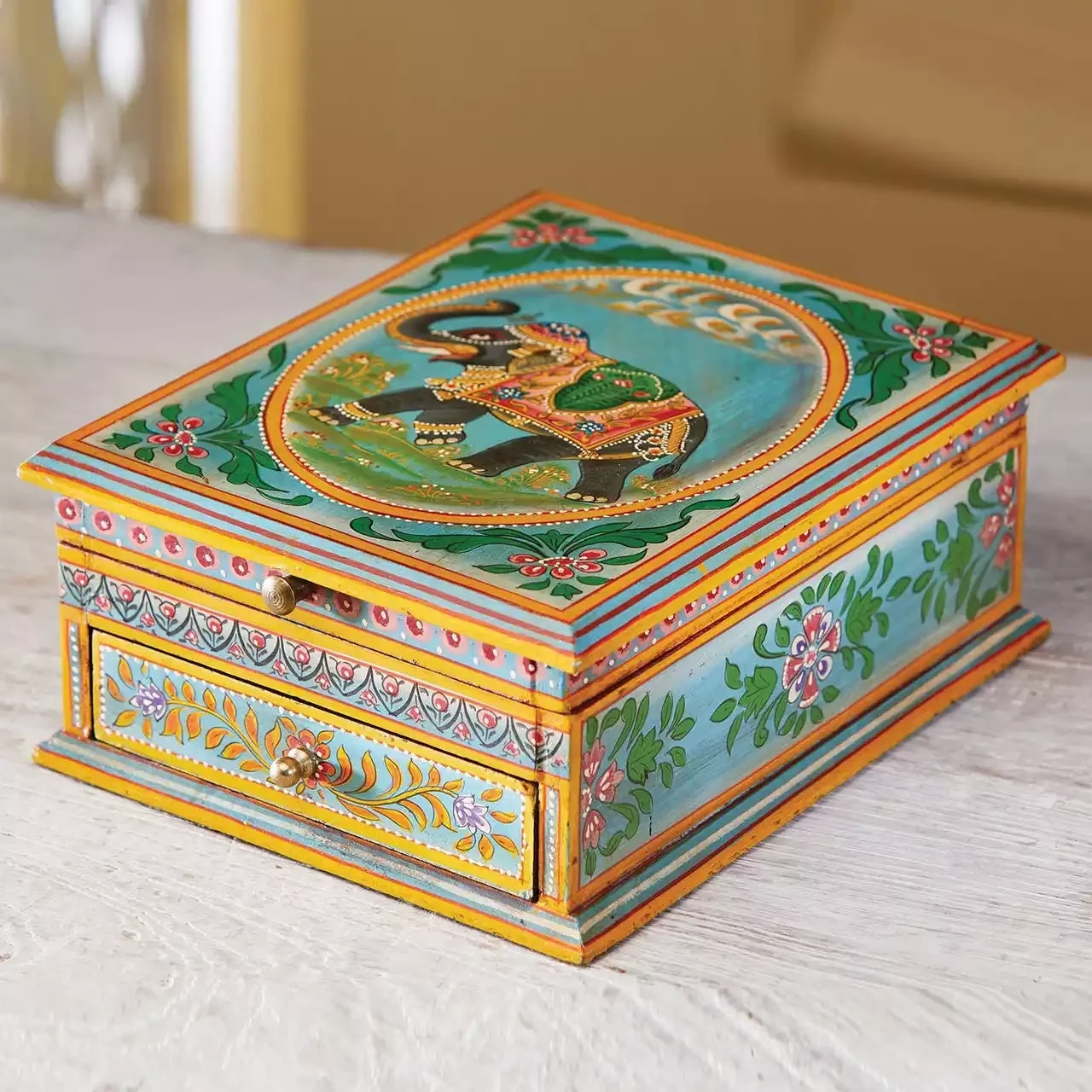 Elephant Hand Painted Wood Jewellery Box With One Drawer by Namaste
