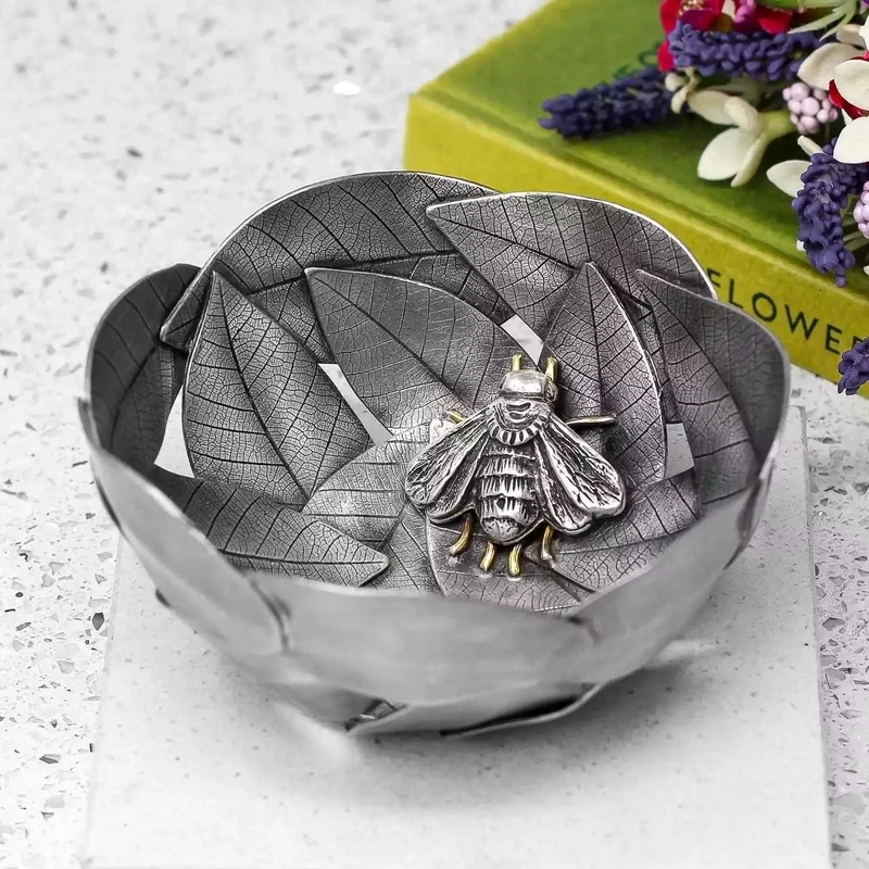 Embossed Pewter Leaf Bowl With Bee by Jim Stringer