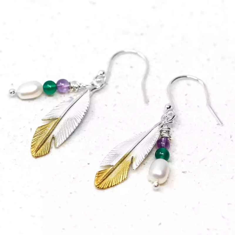 Feather Silver and Gold Plated Drop Earrings - Large With Amethyst by Fi Mehra