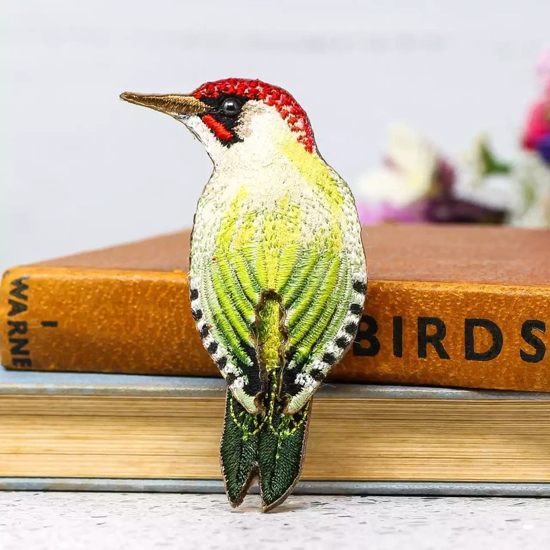 Embroidered Fabric Brooch - Green Woodpecker by Vikki Lafford Garside