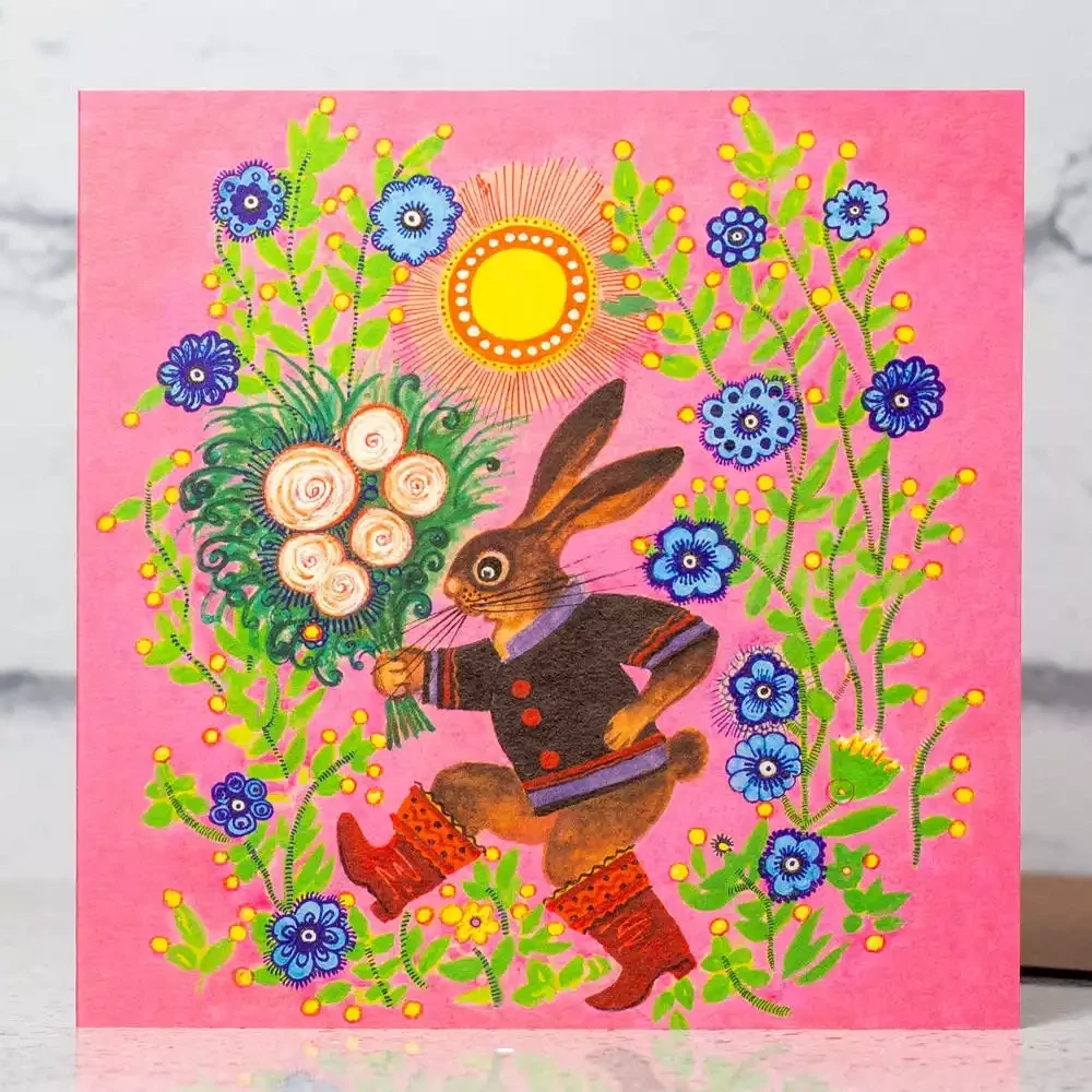 Festive Bunny with Bouquet Card by Kapelki Art