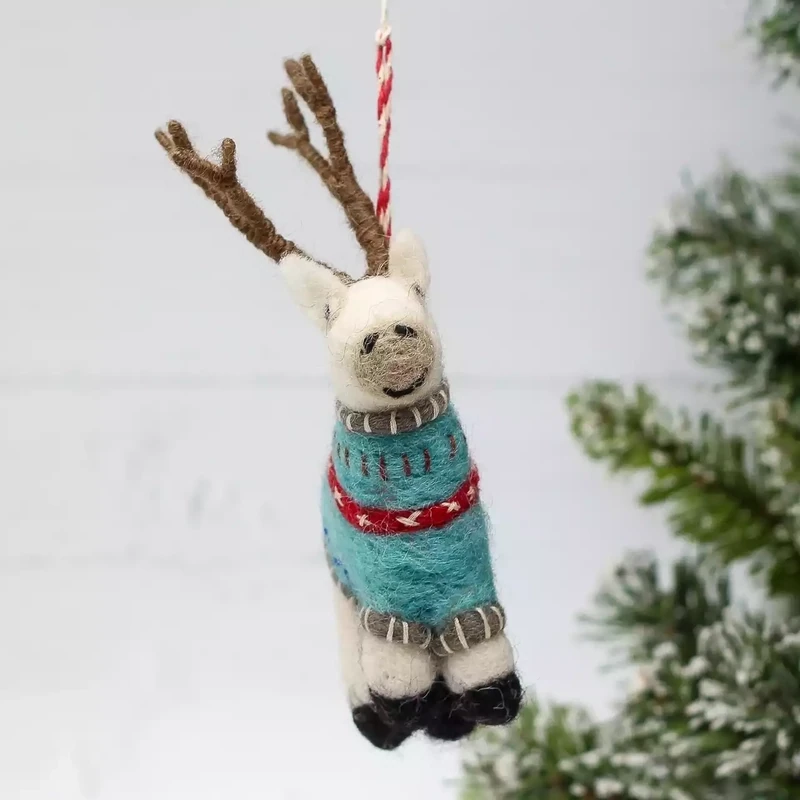 Felt Reindeer in Blue Jumper Hanging Decoration by Namaste
