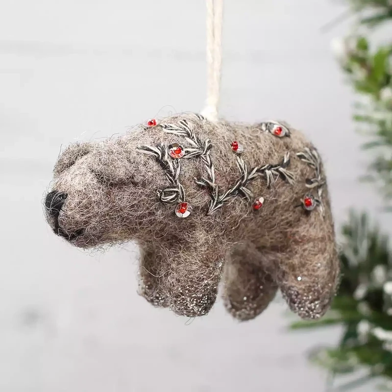 Felt Embroidered Polar Bear Decoration - Grey by Namaste