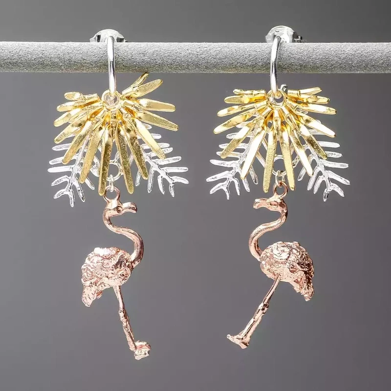 Flamingo and Palm Leaves Silver and Gold Plate Drop Earrings by Amanda Coleman