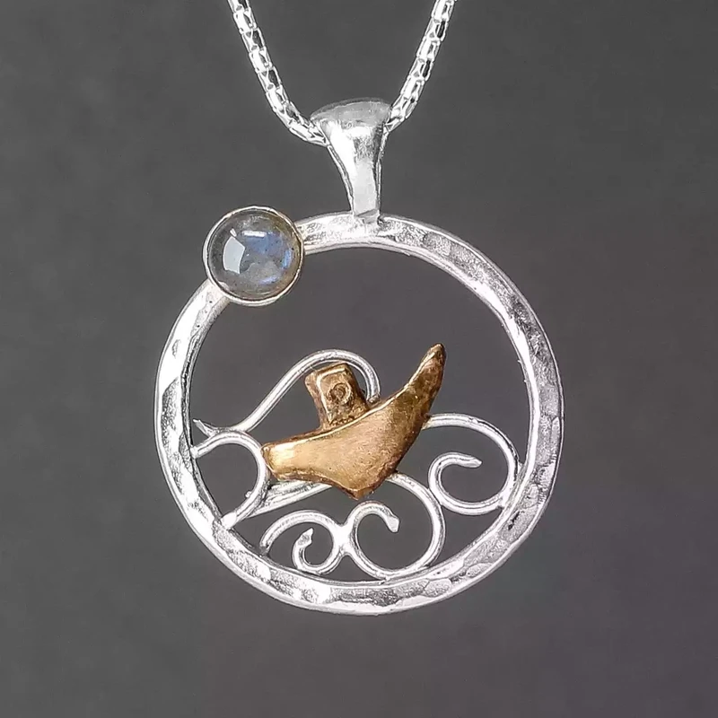 Fishing Boat and Moon Silver and Bronze Circle Pendant by Xuella Arnold